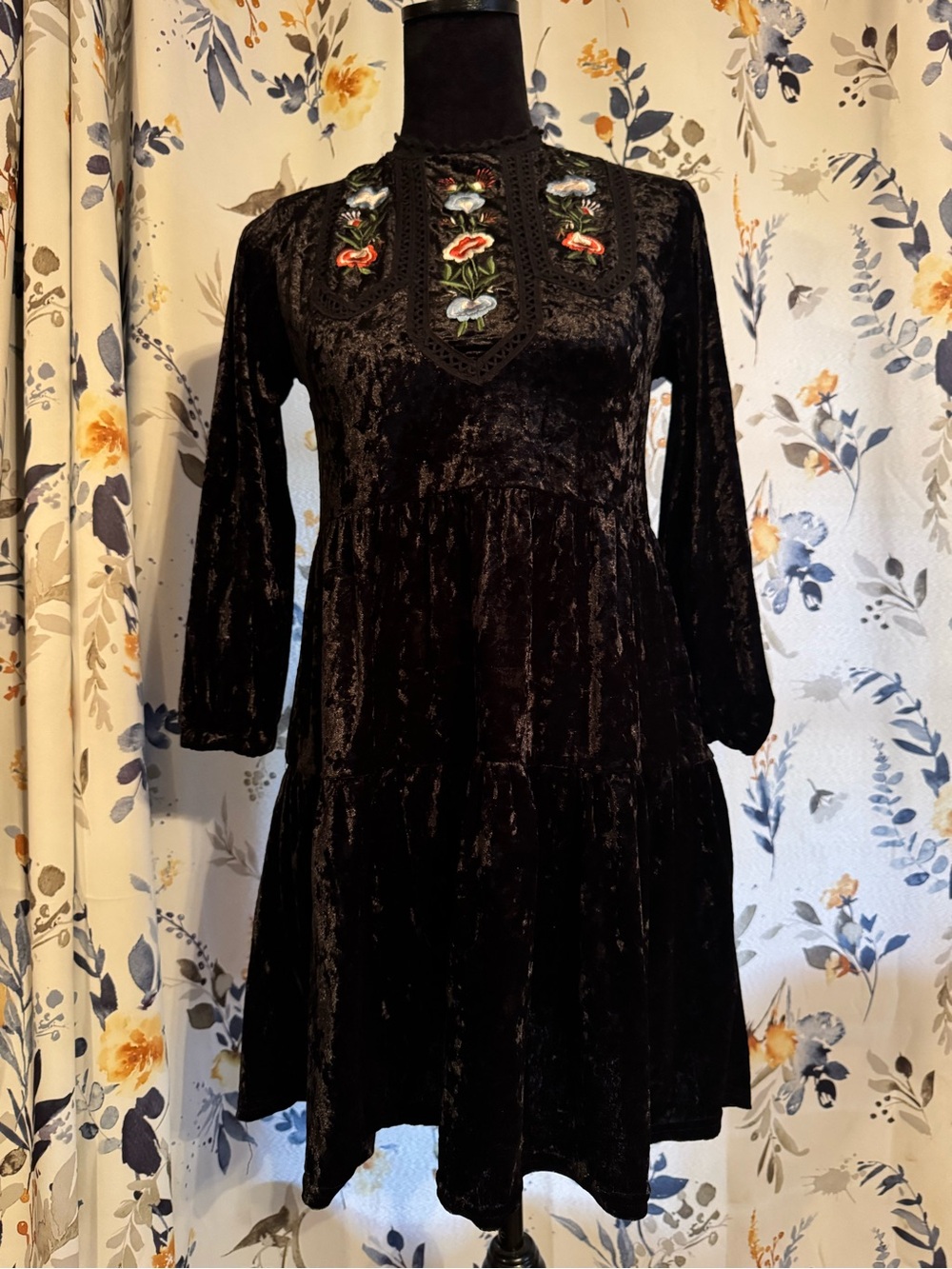 Black Velvet Embroidered Women’s Dress Size Small Sweet Claire B 1